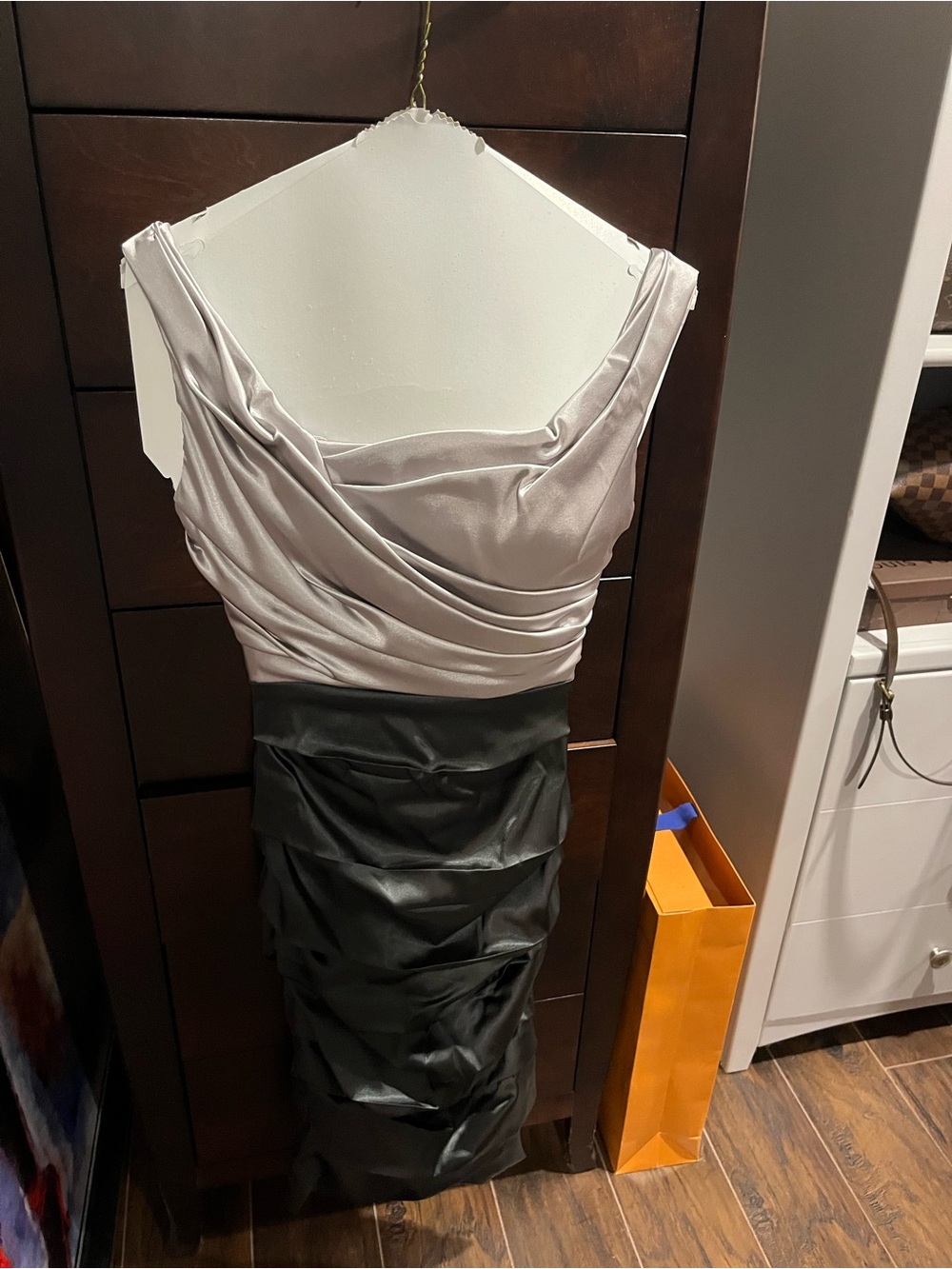 le chateau One-Shoulder Two-Tone Satin Cocktail Dress - Silver and Black